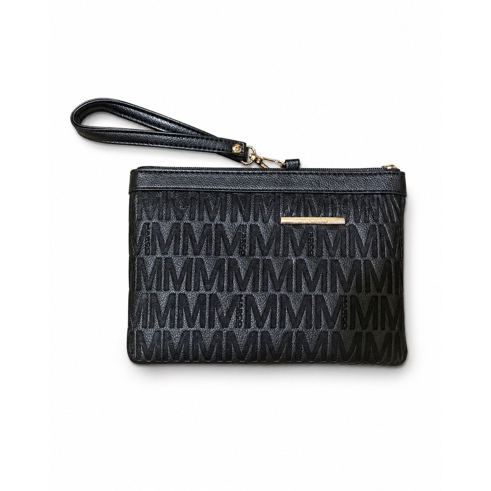 M Marco Black Monogram Wristlet Clutch Wallet 9x6 Gold Tone Strap Zip